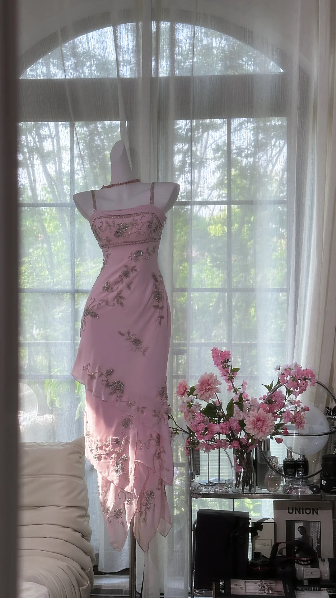 Sweet Spaghetti Straps Pink Chiffon Beaded Layered Mermaid Prom Dress Birthday Party Gown