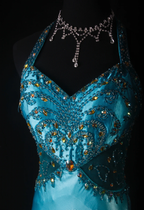 Classy Halter Blue Satin Beaded Mermaid Slit Long Prom Dress Evening Gown SP1693