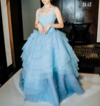Glamorous Spaghetti Straps Blue Tulle Layered Ball Gown Long Evening Dress