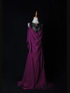 Elegant Sleeveless Purple Chiffon Lace Mermaid Long Party Dress Evening Gown With Beaded