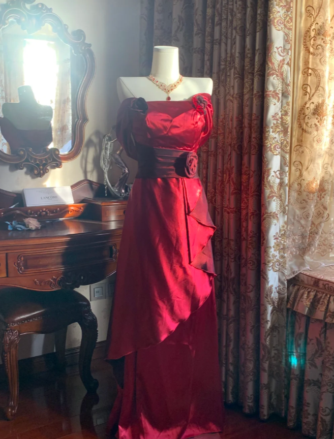Stylish Burgundy Satin Ruffles Long Party Dress Evening Gown