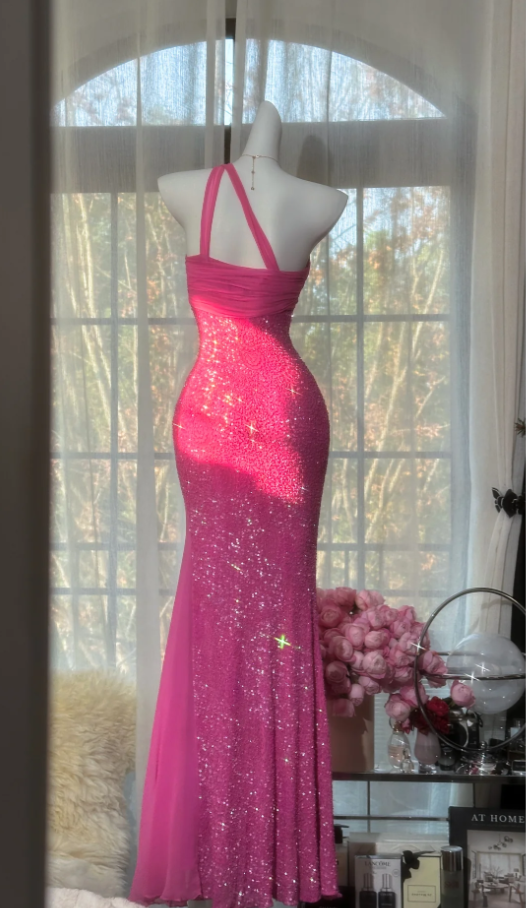 Sparkly One Shoulder Sequin Chiffon Mermaid Evening Dress Hot Pink Long Birthday Dress SP1668