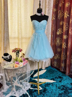 Elegant Strapless Blue Tulle Sequin Appliques A Line Short Homecoming Dress 19th Birthday Outfits SP80