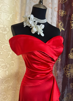Fashion Red Off The Shoulder Satin Mermaid Long Party Dress Formal Wedding Guest Dress SP1885