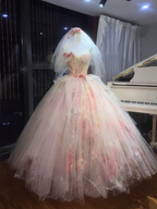 Pretty Strapless Ball Gown Tulle Floral Long Wedding Dress With Veil