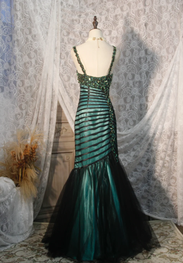 Vintage Spaghetti Straps Satin Tulle Beaded Mermaid Evening Dress Dark Green Long Party Gown