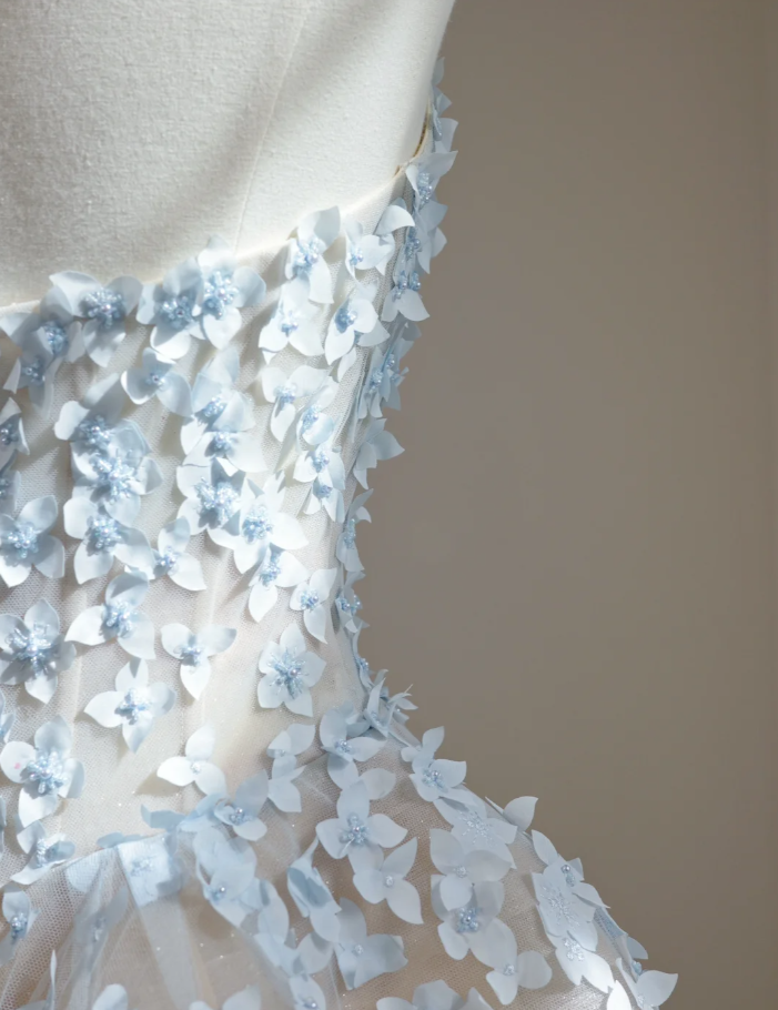 Fairy Strapless Blue Tulle 3D Flowers Beaded Ball Gown Pretty Long Wedding Dress