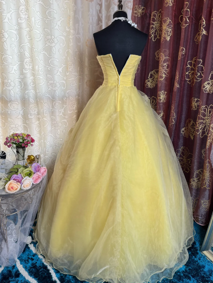Sweet Strapless Ball Gown Yellow Organza Pleated Birthday Quinceanera Dress With 3D Flowers SP1891