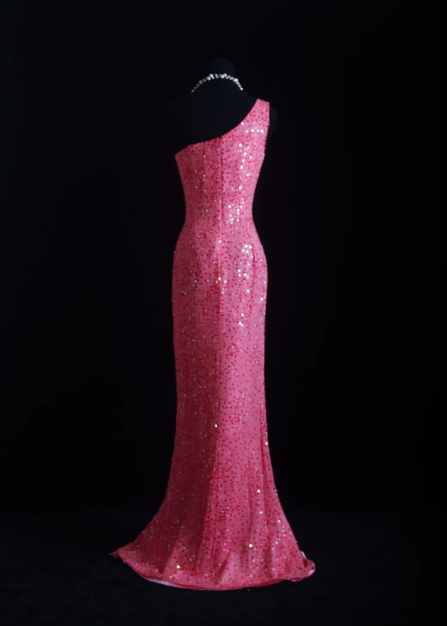 Gorgeous Pink One Shoulder Sequin Beaded Slit Mermaid Long Party Dress Evening Gown