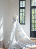 Fairy Strapless Blue Tulle 3D Flowers Beaded Ball Gown Pretty Long Wedding Dress