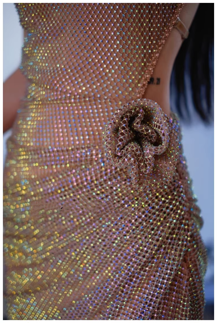 Sexy Spaghetti Straps V Neck Sequin Pleated Slit Long Party Dress Evening Gown