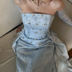 Classy Strapless Light Blue Satin Tulle Beaded Mermaid Prom Dress Long Party Gown