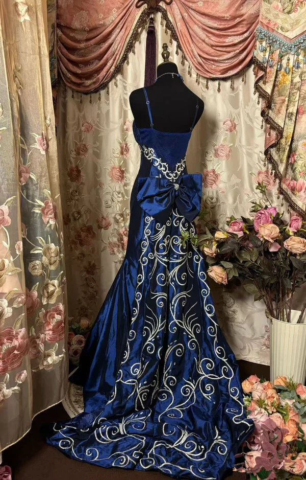 Vintage Spaghetti Straps Blue Satin Beaded Mermaid Evening Dress Long Prom Gown