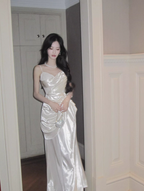 Charming White Spaghetti Straps White Satin Pleated Mermaid Long Party Dress Prom Gown SP1990
