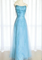 Classy Strapless Blue Tulle Beaded A Line Long Wedding Guest Dress Birthday Party Dress SP1637