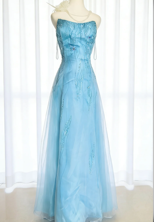 Classy Strapless Blue Tulle Beaded A Line Long Wedding Guest Dress Birthday Party Dress SP1637
