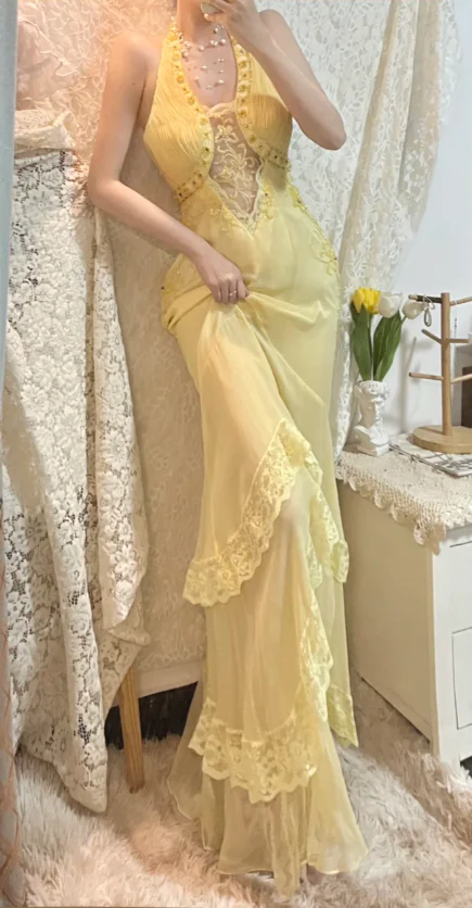Classy Halter Yellow Lace Chiffon Beaded Mermaid Long Evening Gown Party Dress