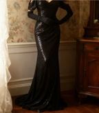 Sparkly Spaghetti Straps Black Sequin Mermaid Long Wedding Guest Dress Evening Gown SP1173