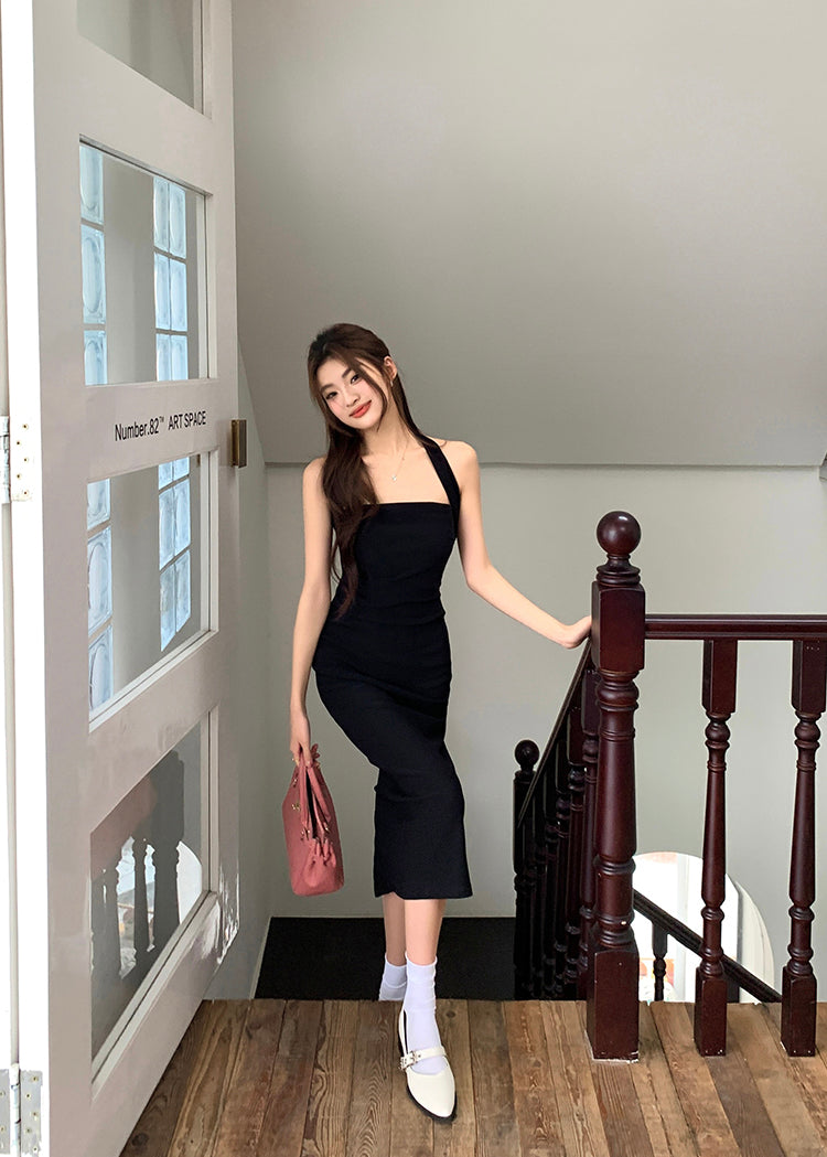 French halter dress slim fit temperament sleeveless suspenders pure desire hip skirt R1457