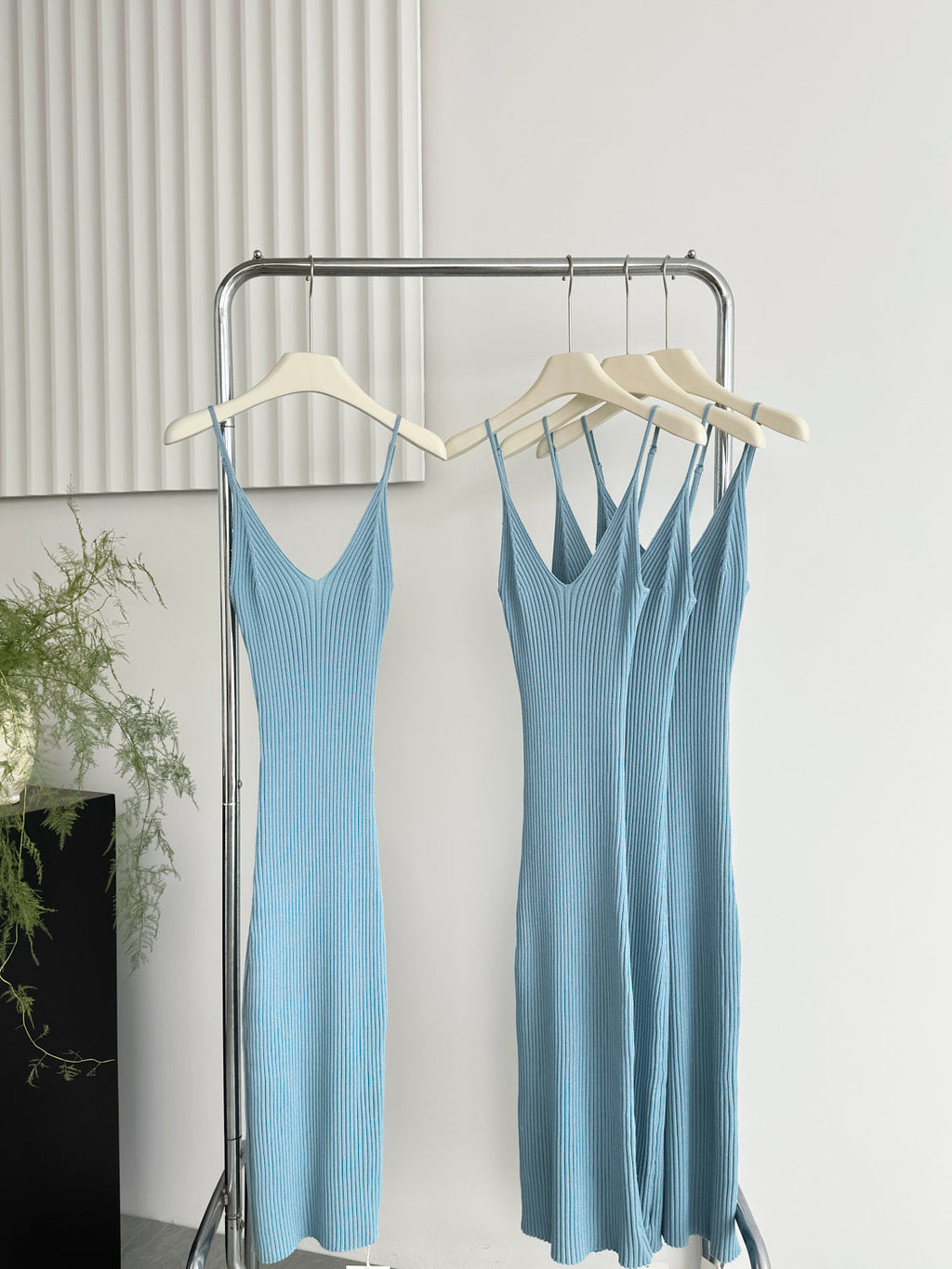 Misty blue pure slim long skirt suspenders knitted dress R2087