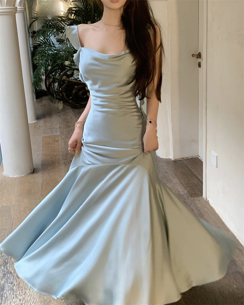 Dress satin 2025 ruffled holiday fishtail pure desire banquet sling long dress R1446