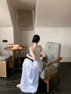 Vacation style outfit beautiful gentle style halter neck vest a-line skirt two-piece suit R0863