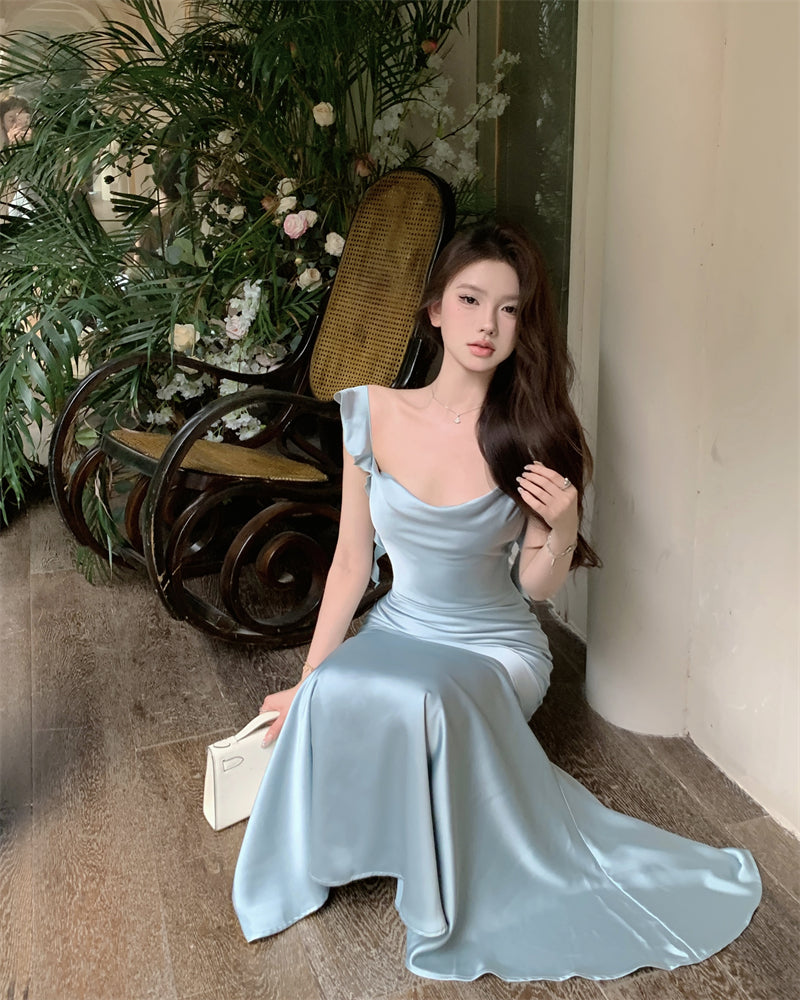 Dress satin 2025 ruffled holiday fishtail pure desire banquet sling long dress R1446