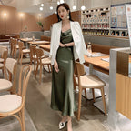 Green acetate satin silk suspender dress women's medium length 2025 new long skirt R1006