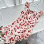 Holiday white retro red floral dress waist summer small flying sleeves dress R2174