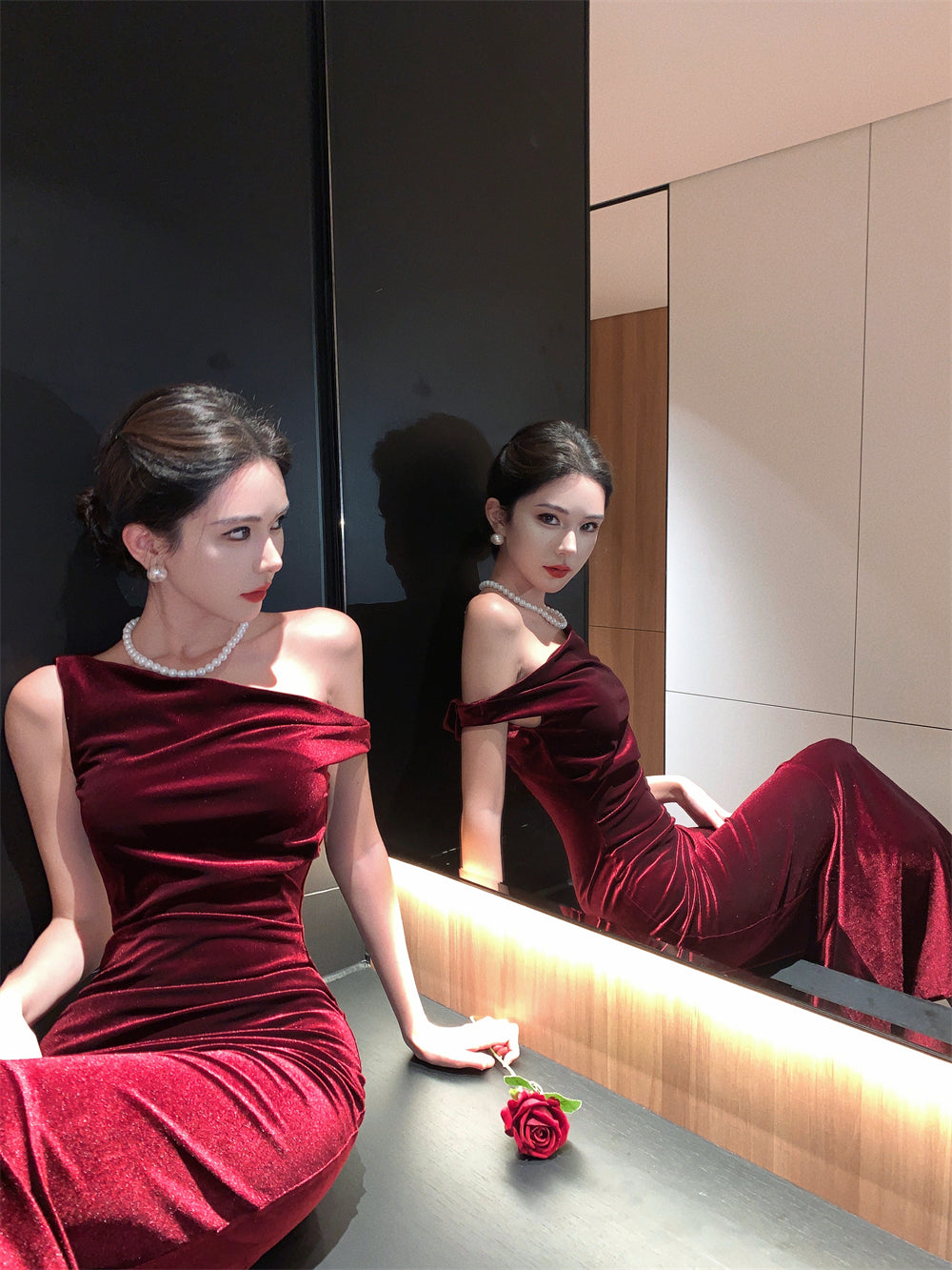 Off-shoulder sleeveless dress velvet banquet temperament fishtail dress skirt R1448