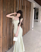Dress satin 2025 ruffled holiday fishtail pure desire banquet sling long dress R1446
