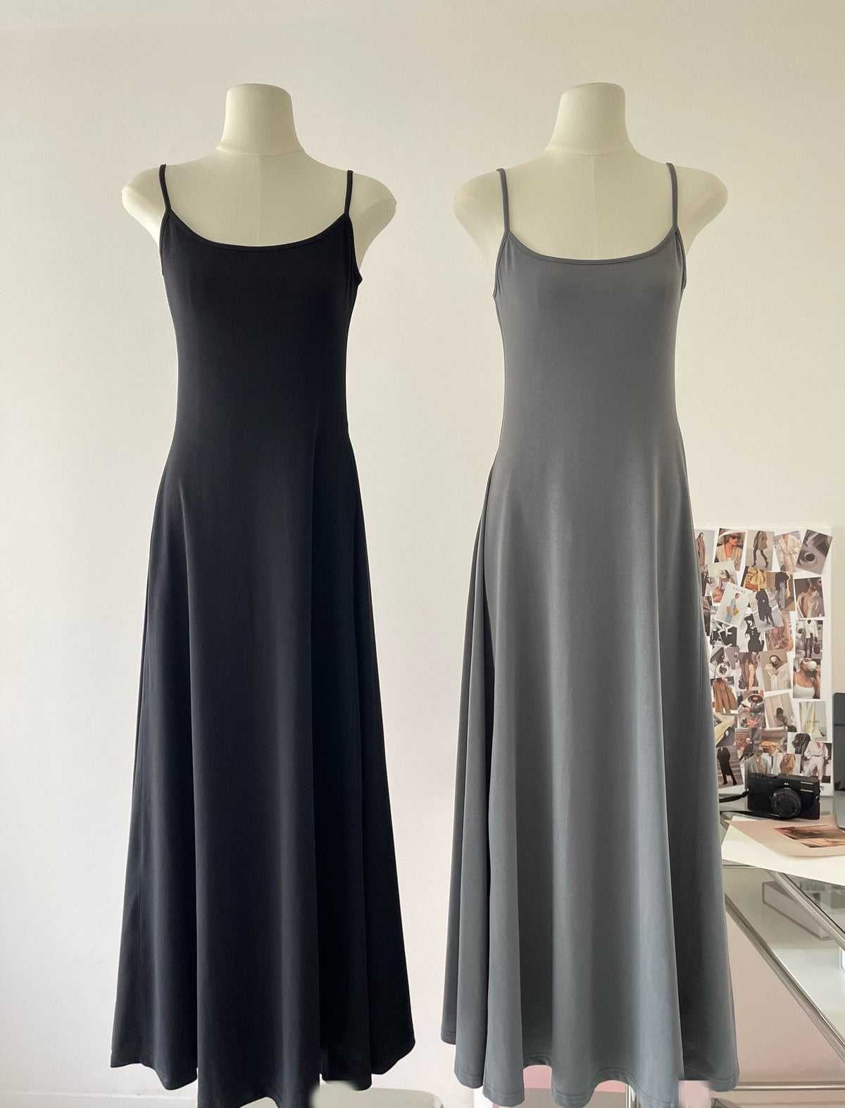 Black and gray simple waist slim U-neck temperament long suspender dress R2088
