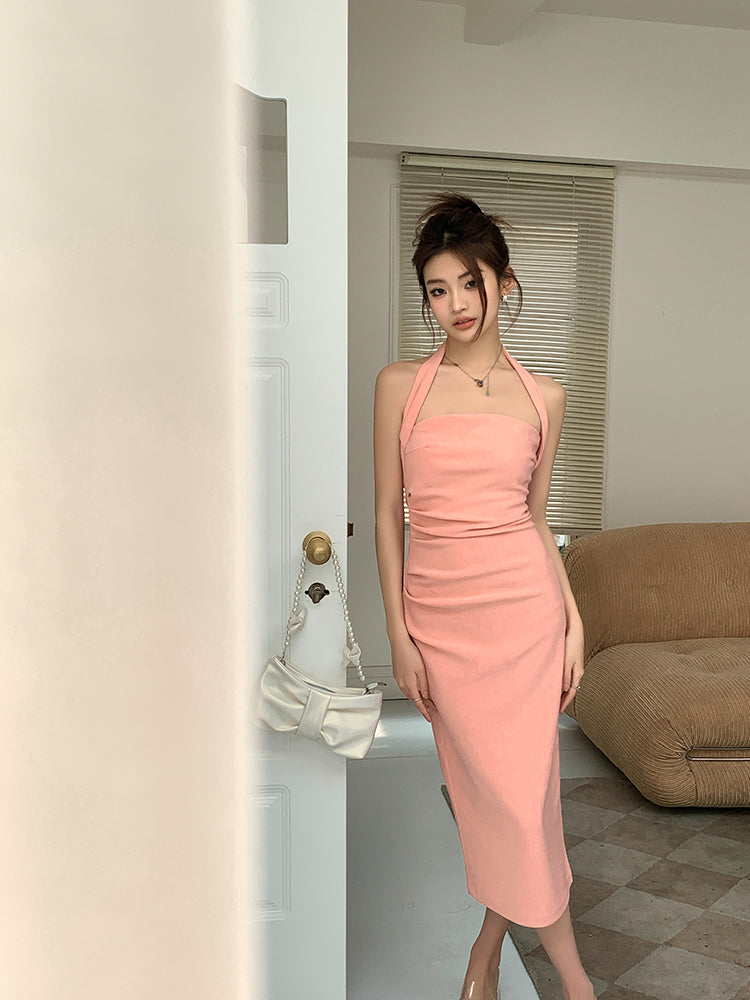 French halter dress slim fit temperament sleeveless suspenders pure desire hip skirt R1457