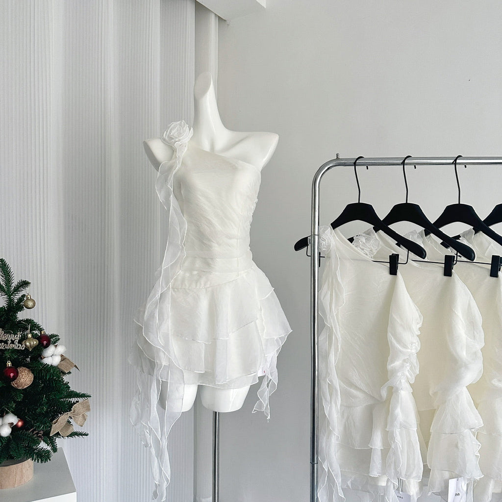 New White Off-shoulder Chiffon Dress Waist Short Fairy Cake Skirt with Flowers R1989