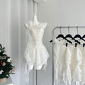 New White Off-shoulder Chiffon Dress Waist Short Fairy Cake Skirt with Flowers R1989