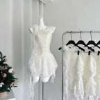 New White Off-shoulder Chiffon Dress Waist Short Fairy Cake Skirt with Flowers R1989
