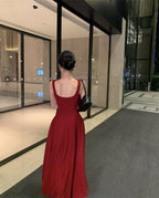 Skirt square neck suspender dress royal sister style temperament wine red high-end dress R1437