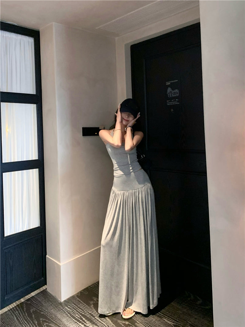 Vacation style outfit beautiful gentle style halter neck vest a-line skirt two-piece suit R0863