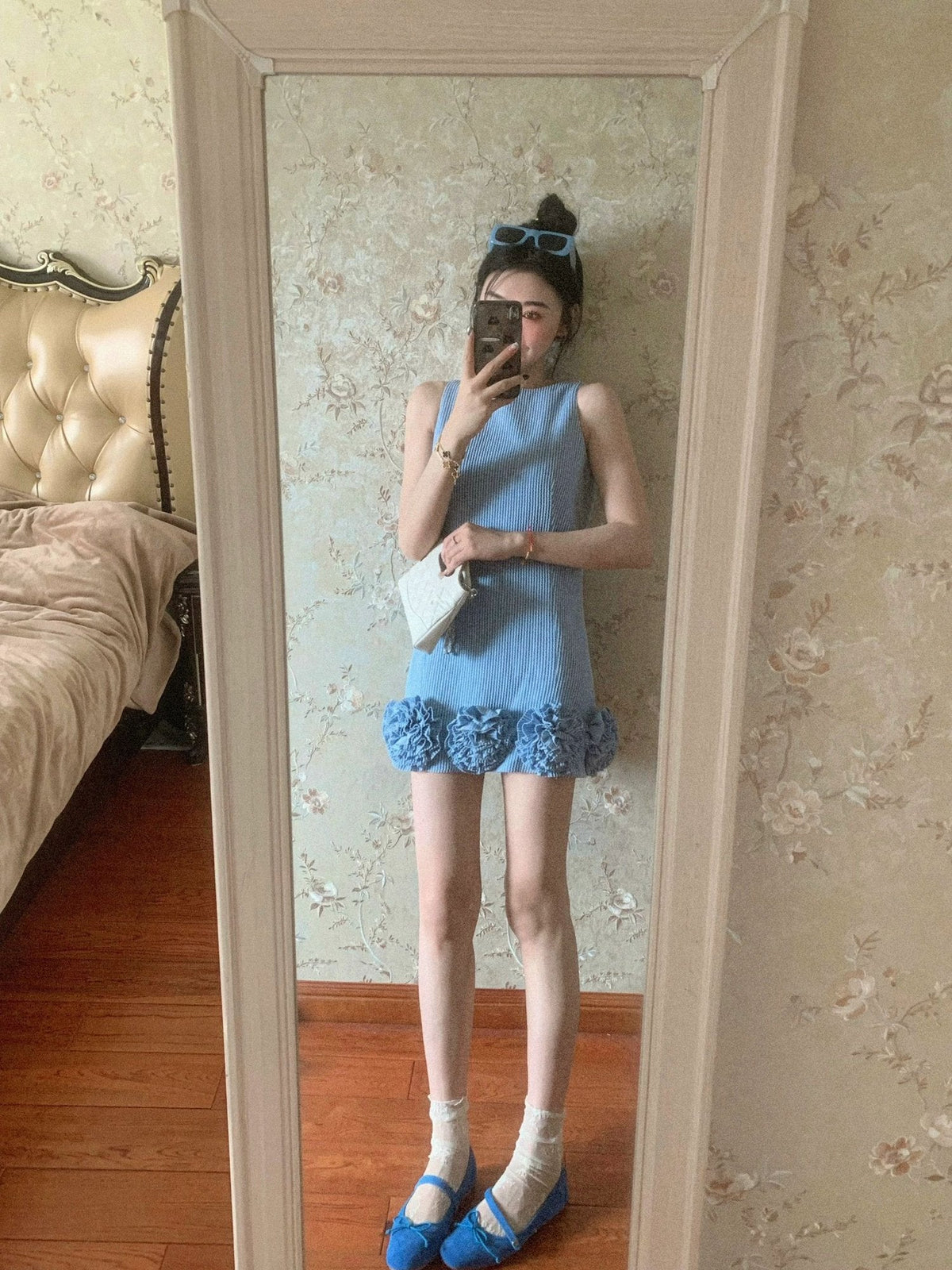 French style blue Chanel style vest dress beautiful loose A-line short skirt R0868