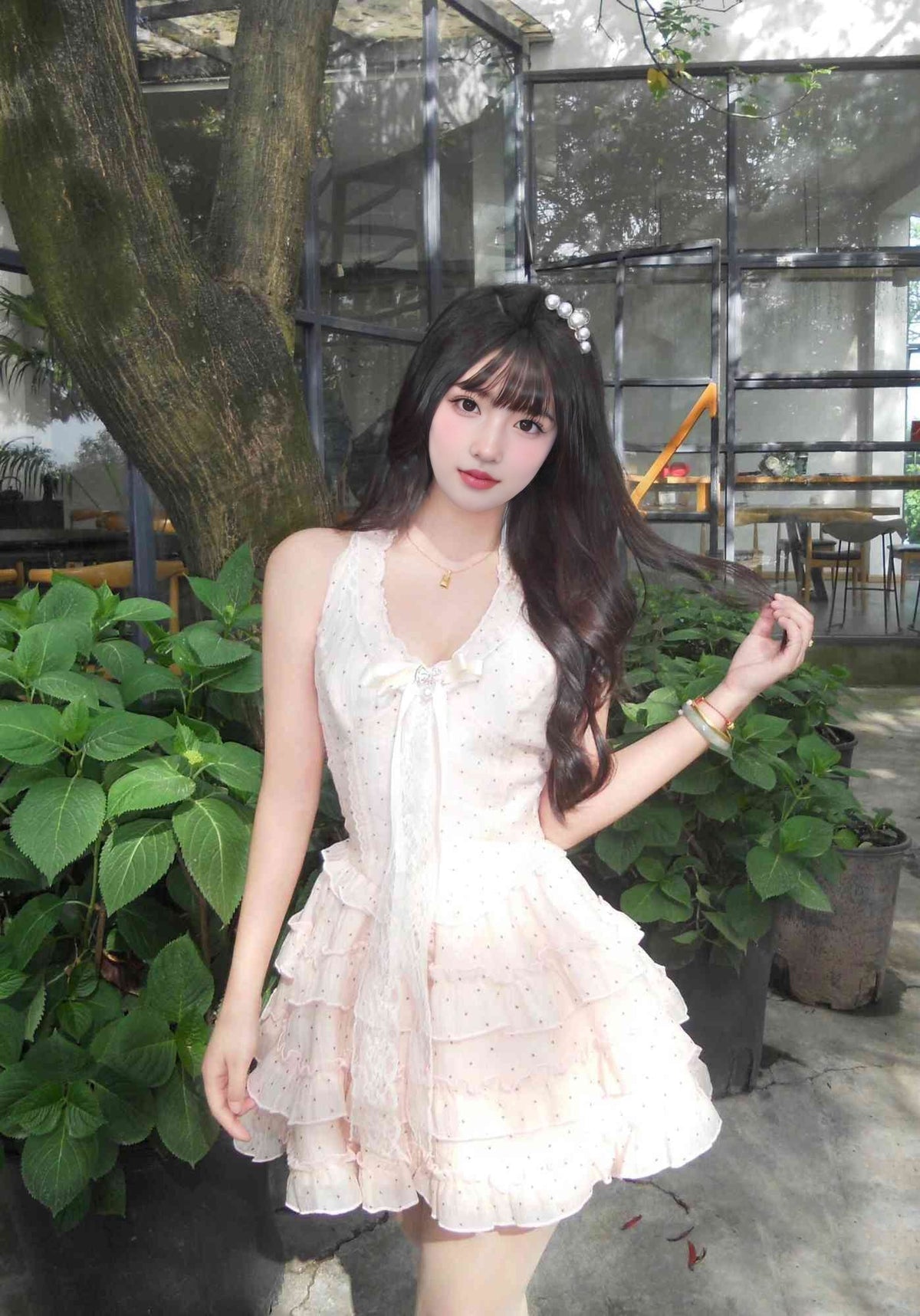 Pink polka dot halter neck dress gentle and sweet style temperament waist A-line short skirt R0865