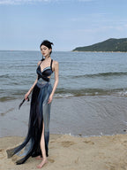 Holiday halter dress with open back for seaside travel wear beach skirt atmosphere R1569