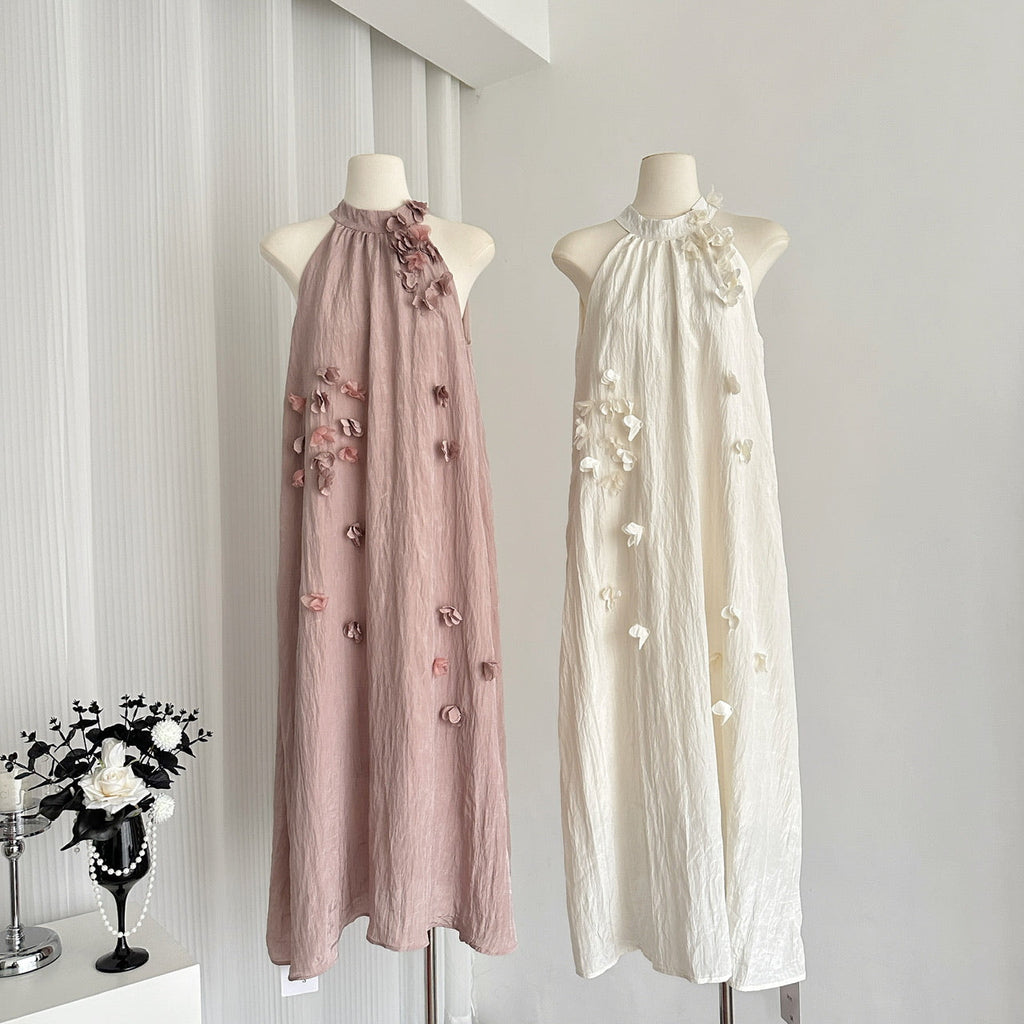 French style elegant flower halter dress pleated A-line loose slim long skirt R1998