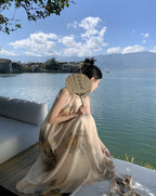 Retro high-end backless sexy halter neck dress waist temperament holiday long dress R1435