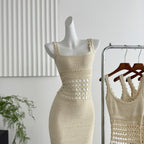 Knitted sexy hollow long skirt hip-wrapped glittering suspender dress R2081