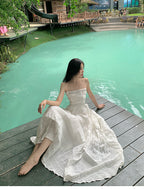 Beach dress suspenders backless dress temperament long skirt holiday style R1565