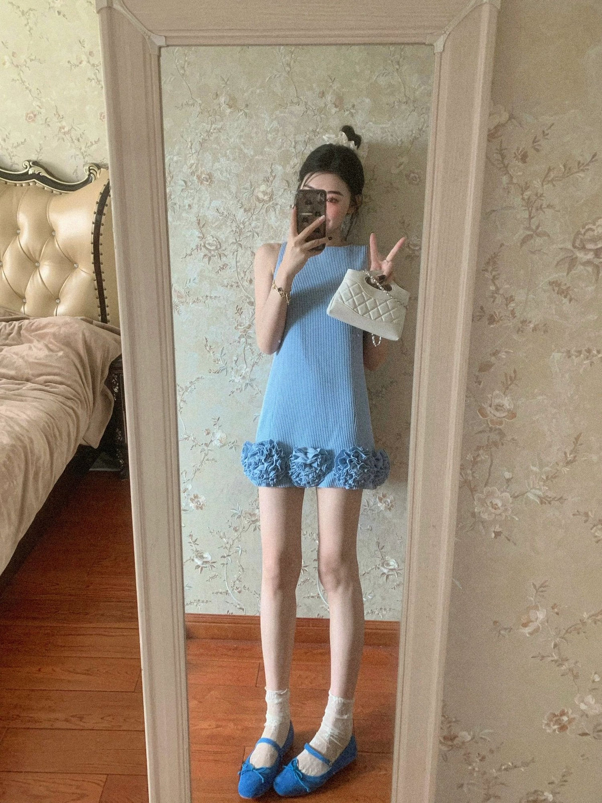 French style blue Chanel style vest dress beautiful loose A-line short skirt R0868