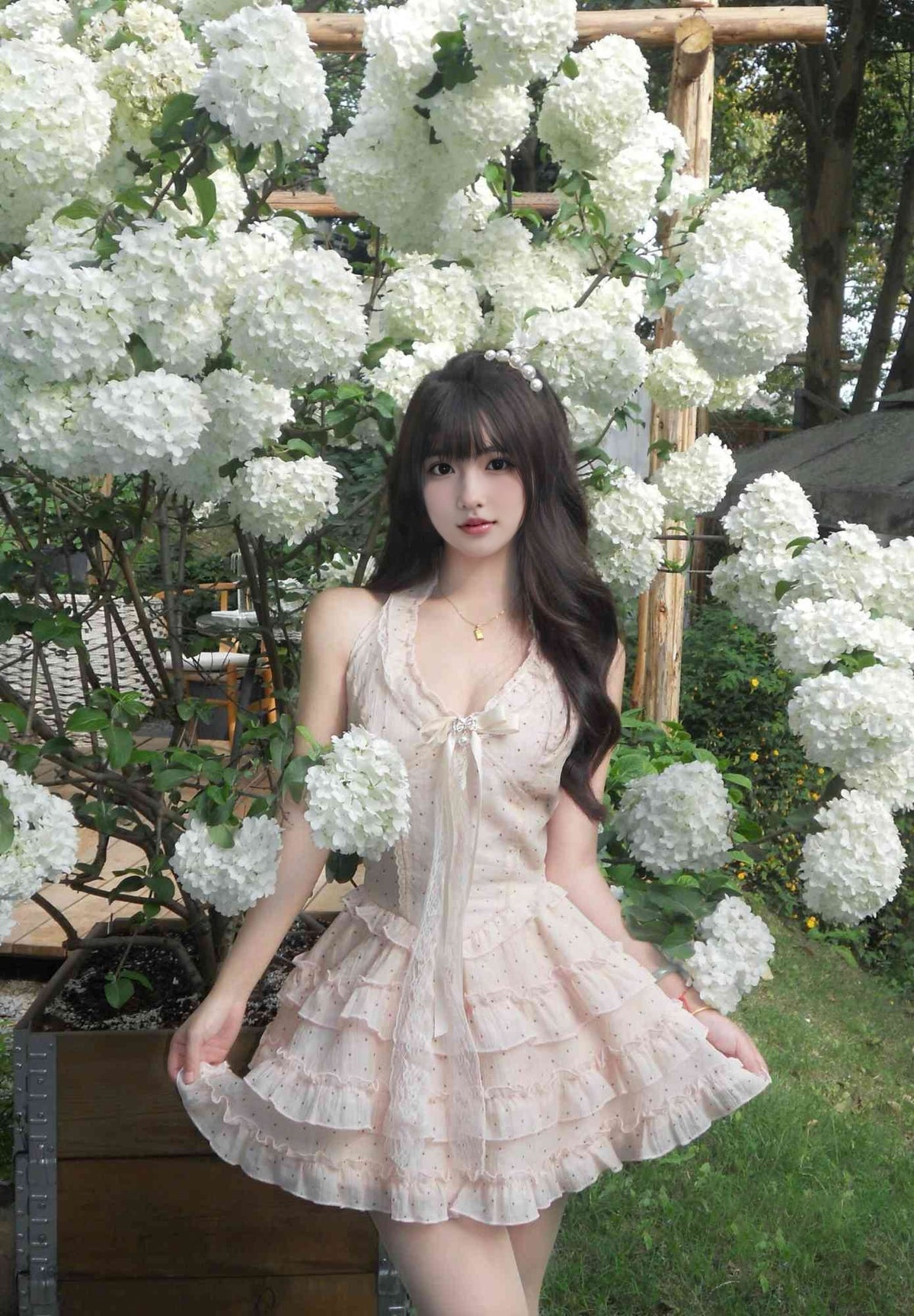 Pink polka dot halter neck dress gentle and sweet style temperament waist A-line short skirt R0865