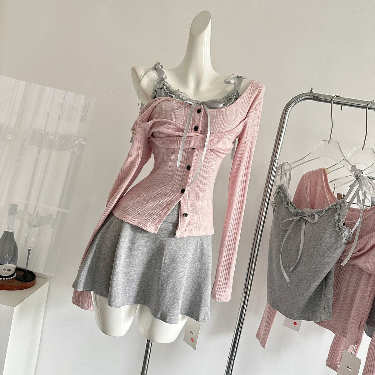 Lace Camisole Off-shoulder Cardigan T-shirt Set Pure Desire Long-sleeved Top R2028