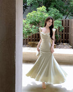 Dress satin 2025 ruffled holiday fishtail pure desire banquet sling long dress R1446