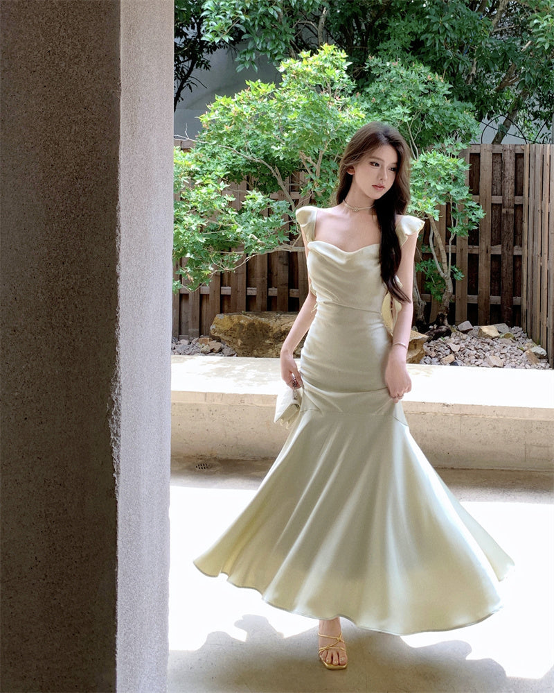 Dress satin 2025 ruffled holiday fishtail pure desire banquet sling long dress R1446
